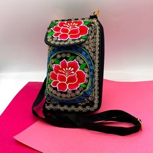 Floral Embroidery Cell Phone Wallet/ Purse